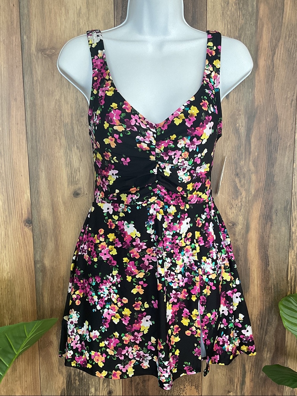 Lands' End Black Floral One-Piece Skirt Over Swimsuit XS NWT